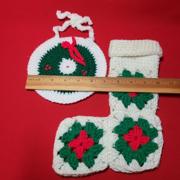 Christmas Stockings Ornament Knit Crochet Handmade Set of 4 - Picture 12 of 12